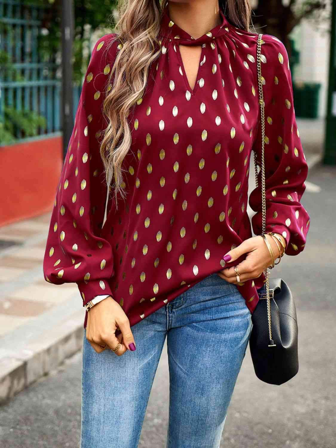 Mock Neck Cutout Lantern Sleeve Blouse Deep Red Blouses - Tophatter Daily Deals