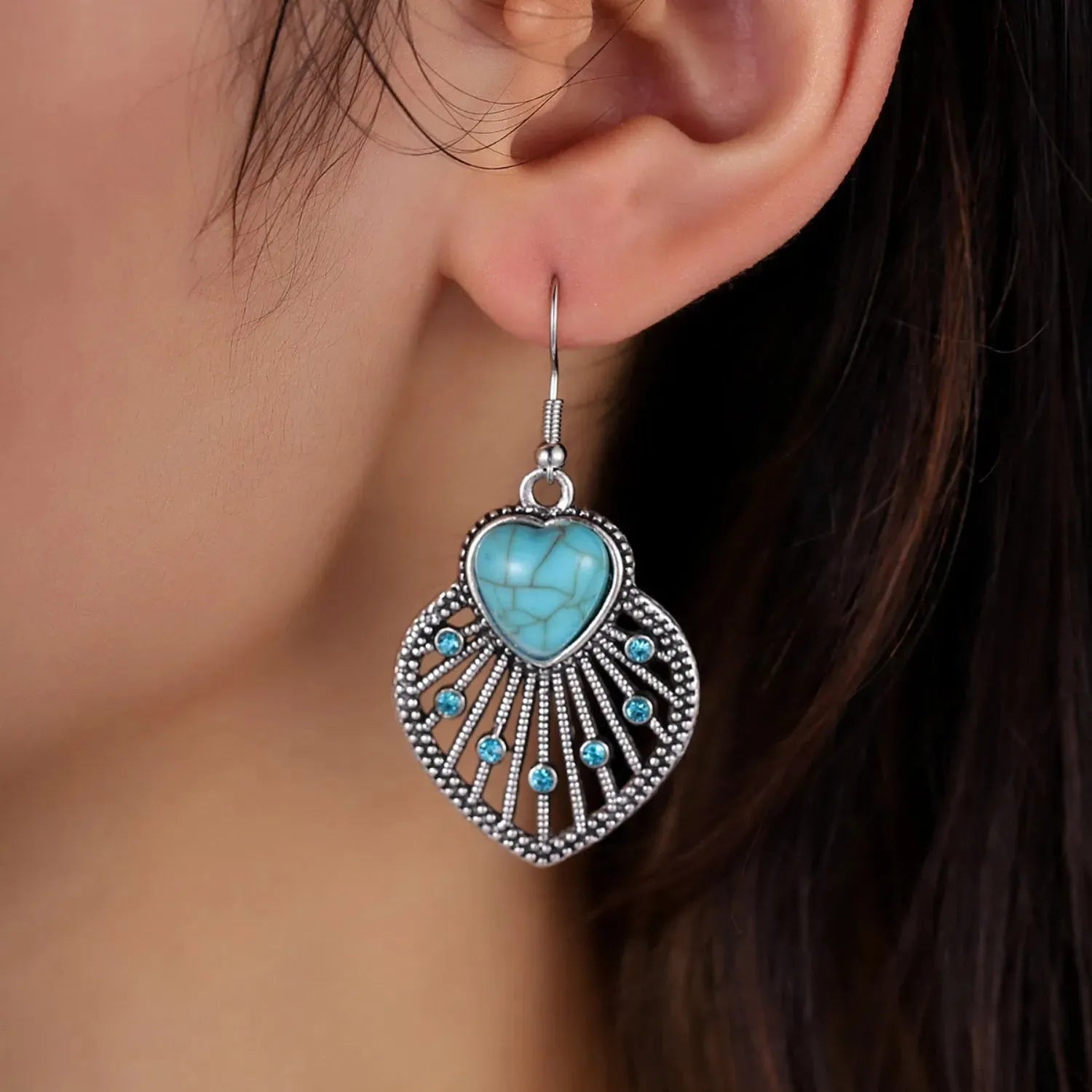 Artificial Turquoise Rhinestone Heart and Leaf Shape Earrings Turquoise One Size Earrings - Tophatter Daily Deals