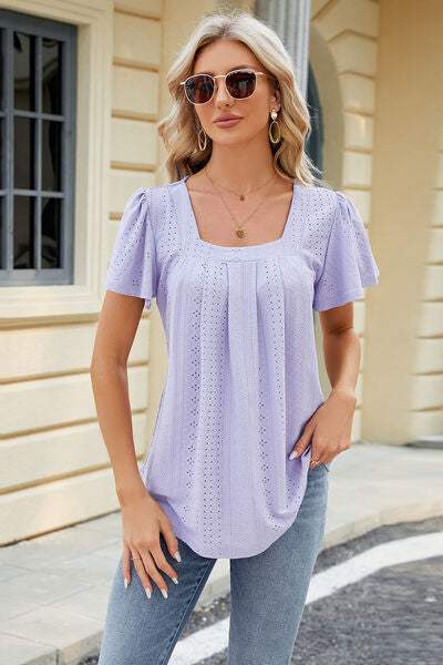 Eyelet Square Neck Short Sleeve T-Shirt Women's T-Shirts - Tophatter Daily Deals