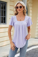 Eyelet Square Neck Short Sleeve T-Shirt Women's T-Shirts - Tophatter Daily Deals