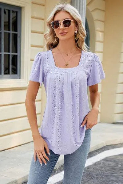 Eyelet Square Neck Short Sleeve T-Shirt Women's T-Shirts - Tophatter Daily Deals