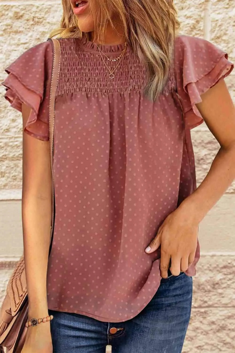 Layered Flutter Sleeve Smocked Blouse Burnt Coral Blouses - Tophatter Daily Deals