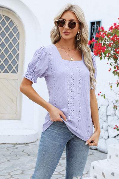 Eyelet Square Neck Short Sleeve T-Shirt Women's T-Shirts - Tophatter Daily Deals