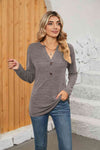 Notched Neck Long Sleeve T-Shirt Women's T-Shirts - Tophatter Daily Deals