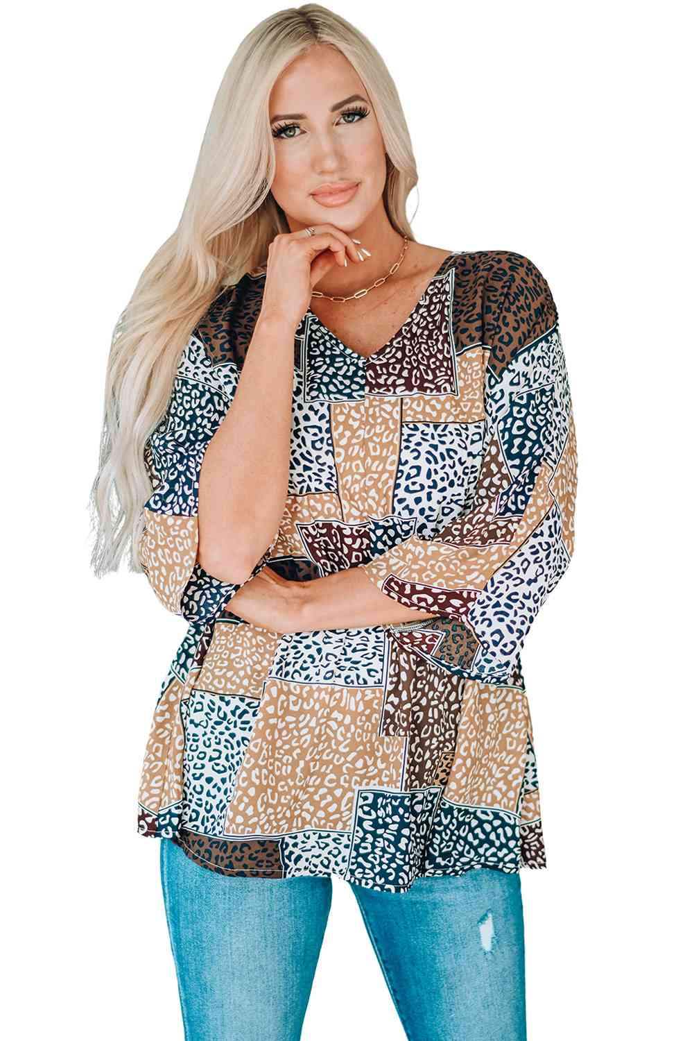 Leopard Patchwork V-Neck Top Blouses - Tophatter Daily Deals