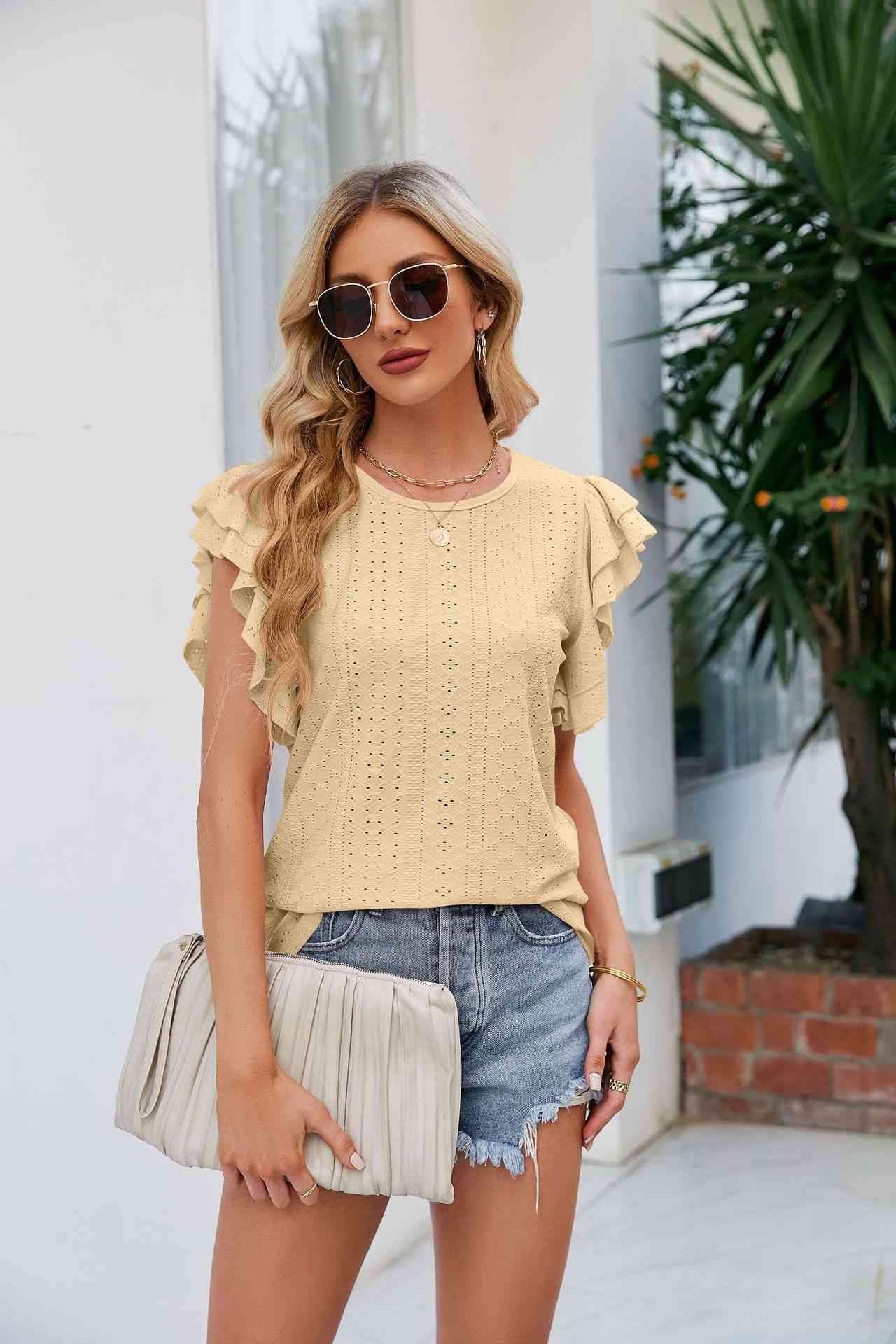 Round Neck Flutter Sleeve Eyelet Blouse Pastel Yellow Blouses - Tophatter Daily Deals