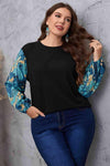 Melo Apparel Plus Size Printed Sleeve Round Neck Blouse Black Blouses - Tophatter Daily Deals