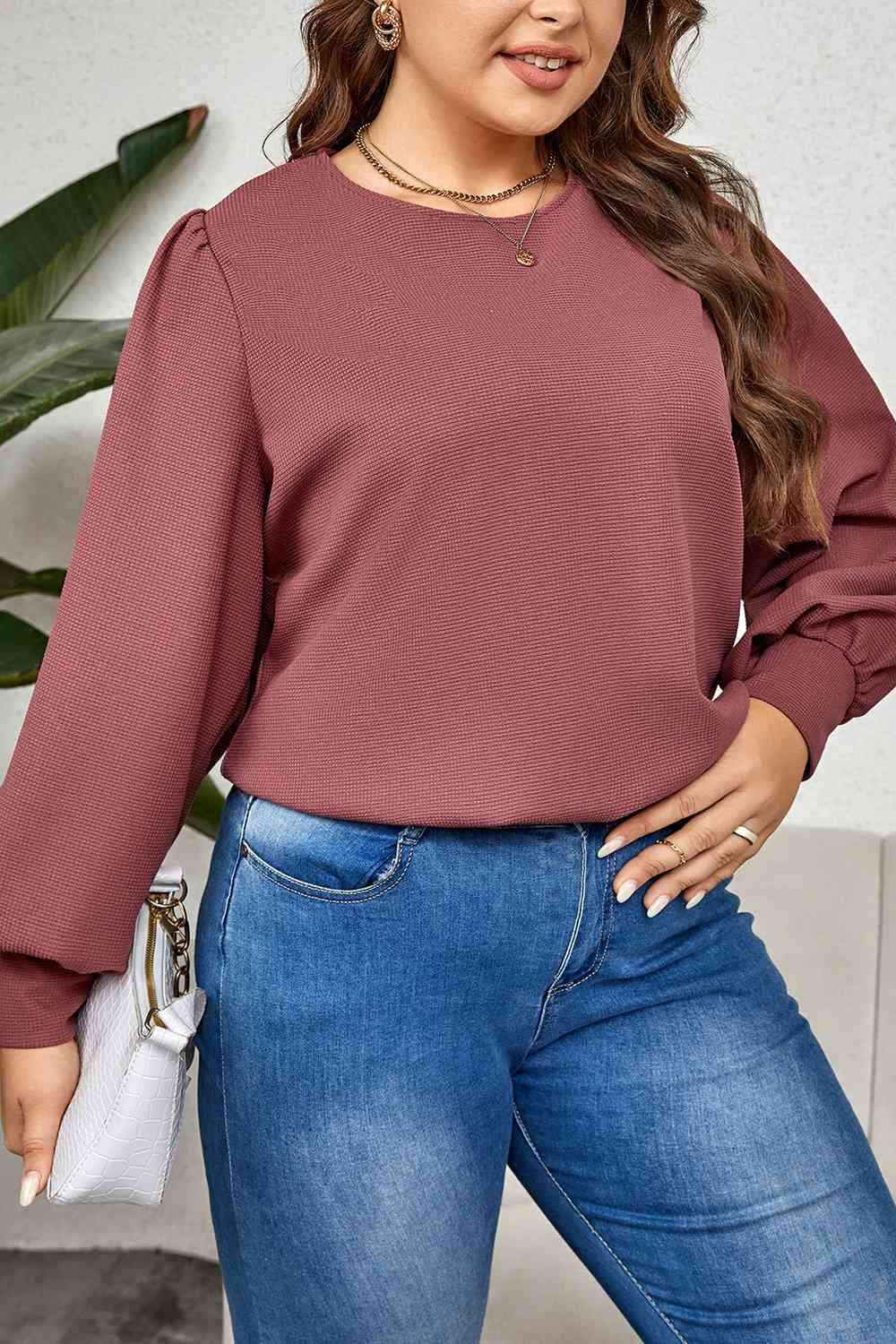 Plus Size Round Neck Puff Sleeve Top Blouses - Tophatter Daily Deals