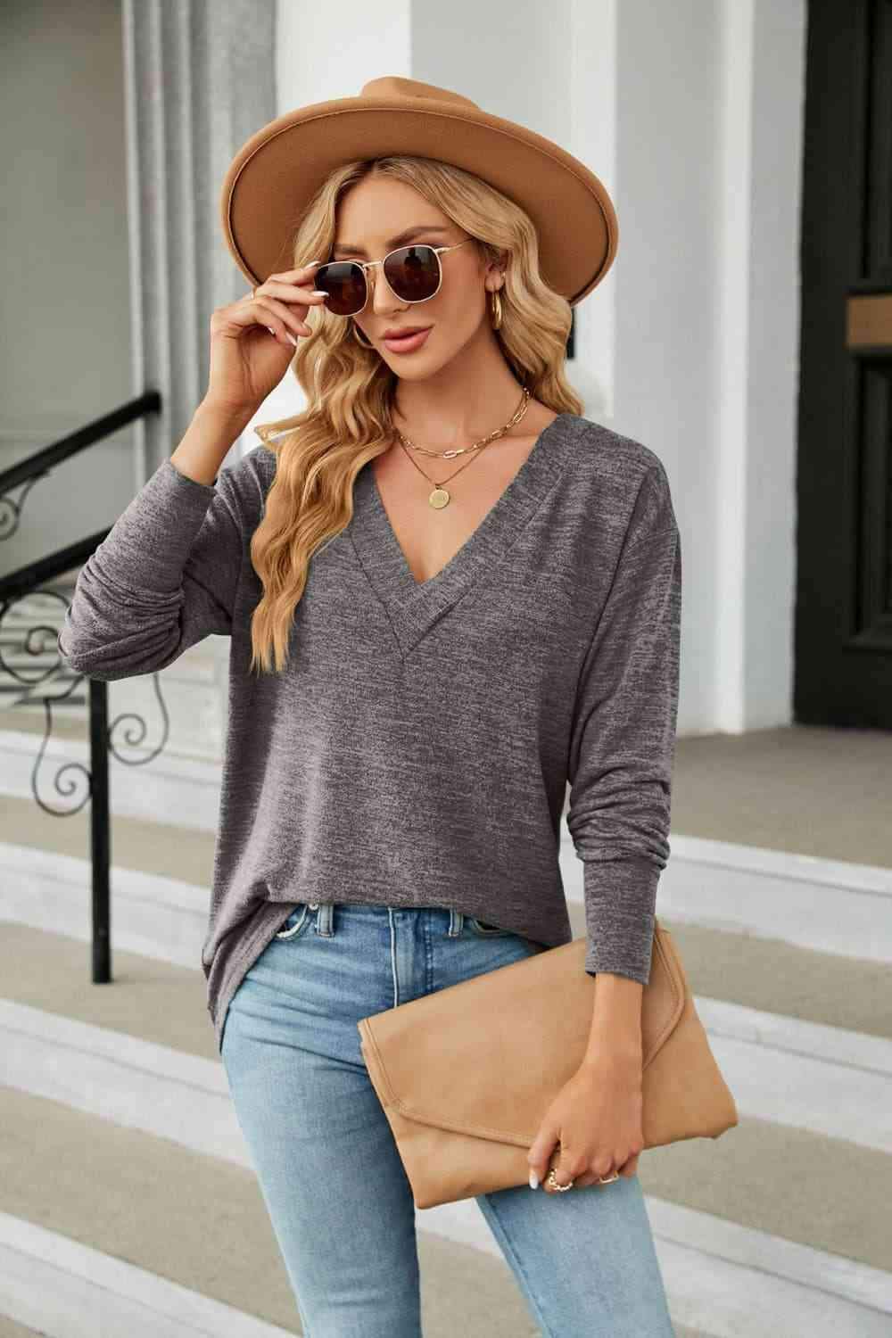 V-Neck Long Sleeve T-Shirt Charcoal Women's T-Shirts - Tophatter Daily Deals