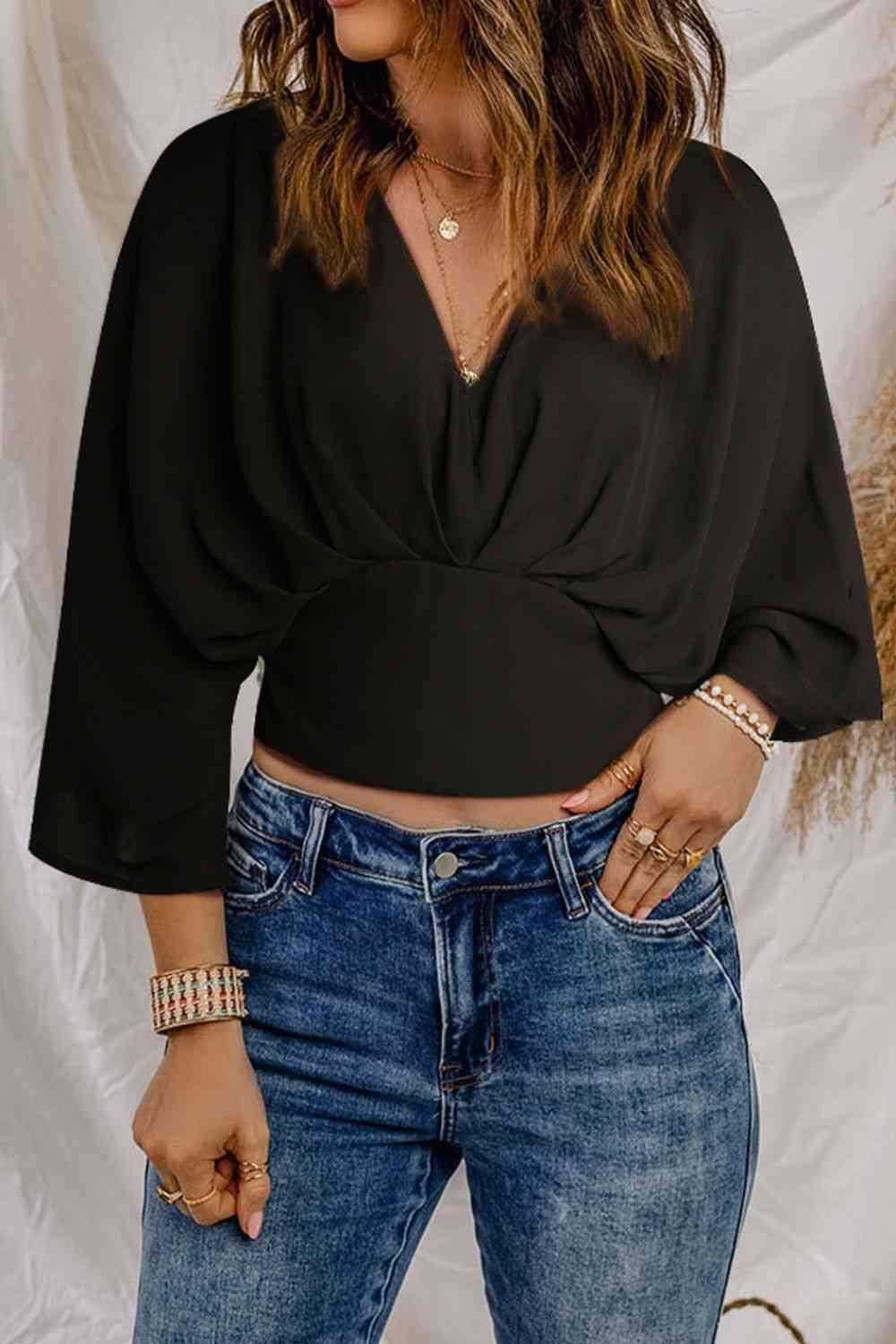 V-Neck Ruched Three-Quarter Sleeve Blouse Black Blouses - Tophatter Daily Deals