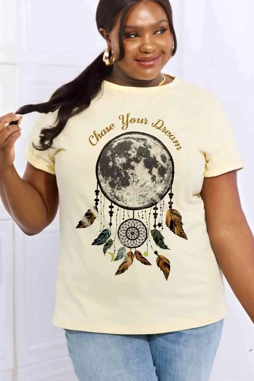 Simply Love Simply Love Full Size CHASE YOUR DREAM Graphic Cotton Tee Ivory Women's T-Shirts - Tophatter Daily Deals