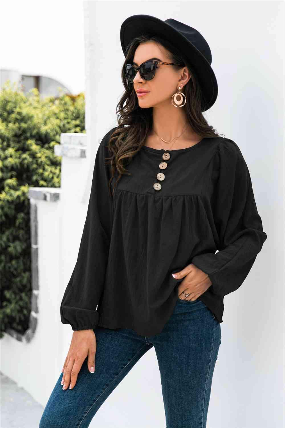 Button Up Balloon Sleeve Blouse Blouses - Tophatter Daily Deals