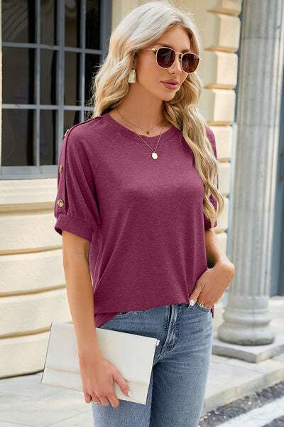 Round Neck Buttoned Short Sleeve T-Shirt Women's T-Shirts - Tophatter Daily Deals