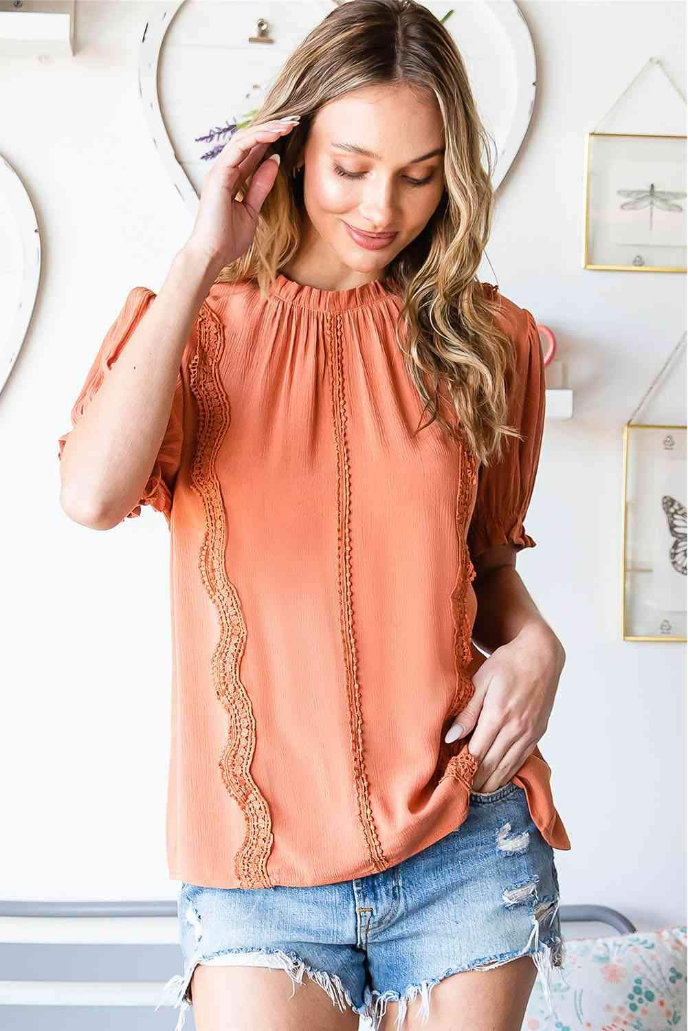 Frill Neck Short Flounce Sleeve Blouse Blouses - Tophatter Daily Deals