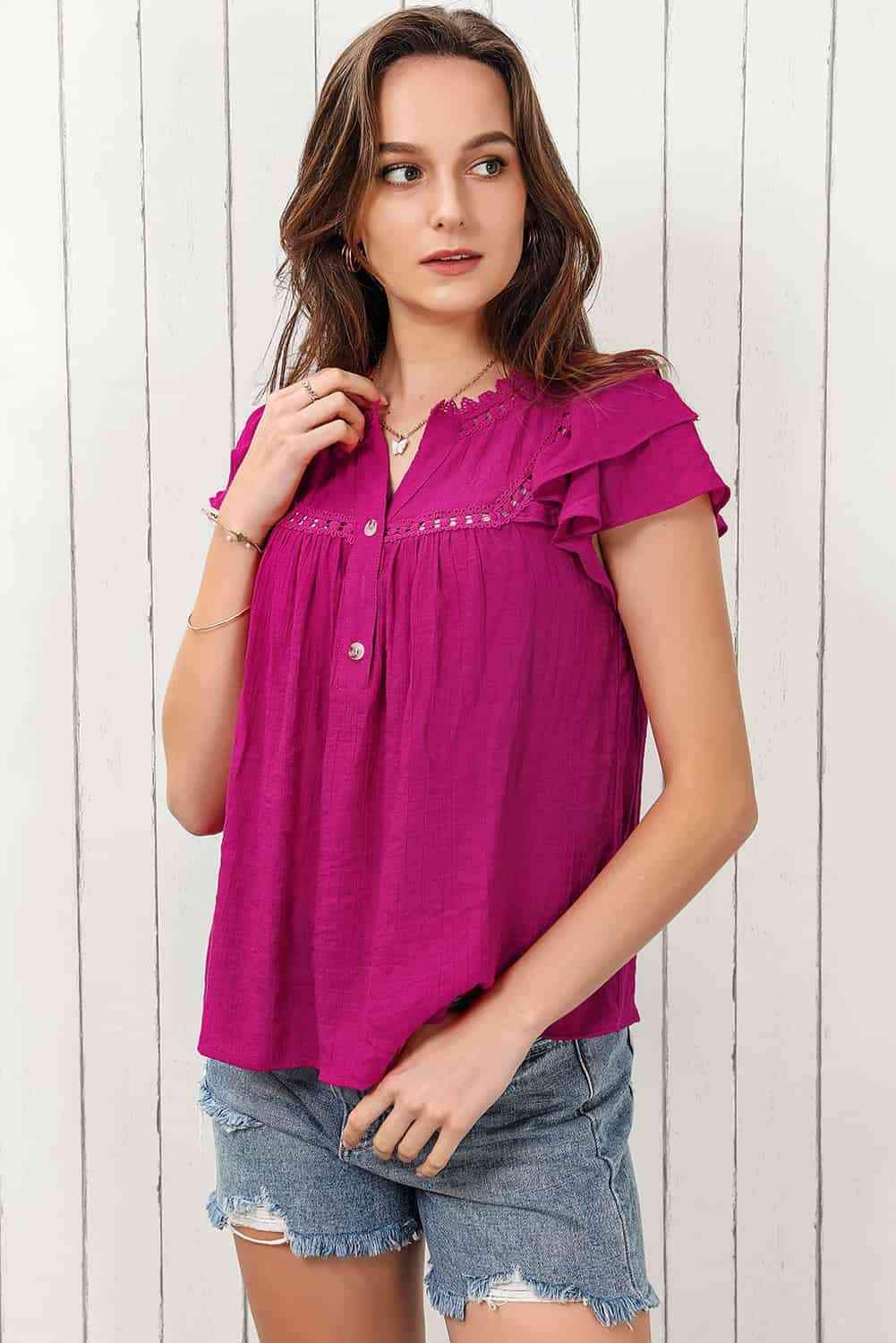 Notched Neck Buttoned Flutter Sleeve Blouse Blouses - Tophatter Daily Deals