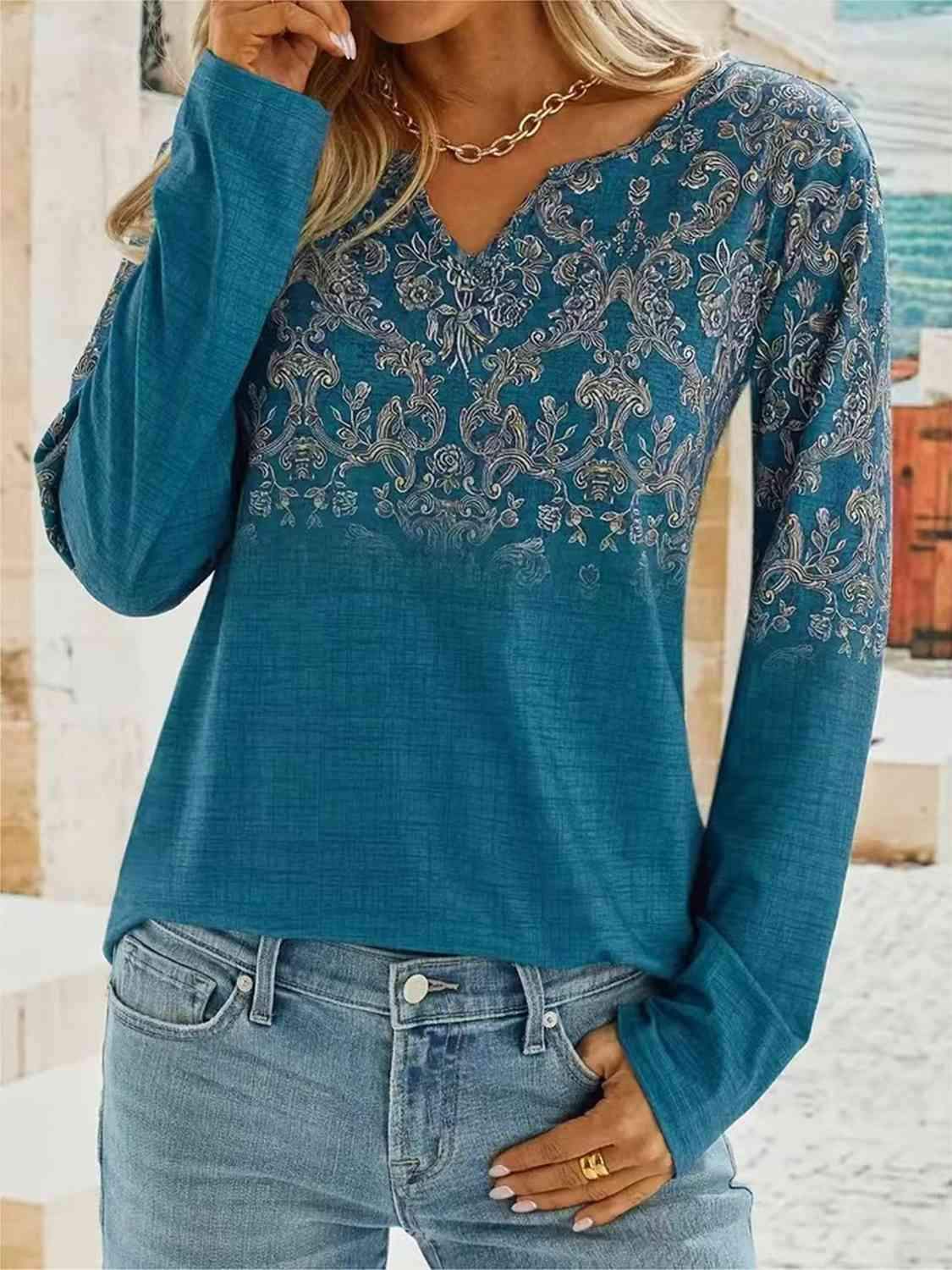 Printed Notched Long Sleeve T-Shirt Teal Women's T-Shirts - Tophatter Daily Deals