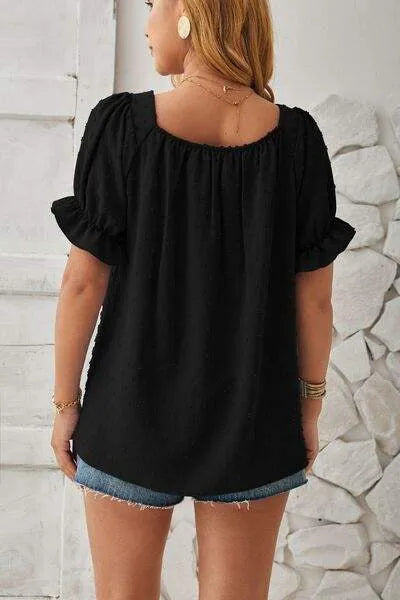 Swiss Dot Smocked Square Neck Short Sleeve T-Shirt Women's T-Shirts - Tophatter Daily Deals