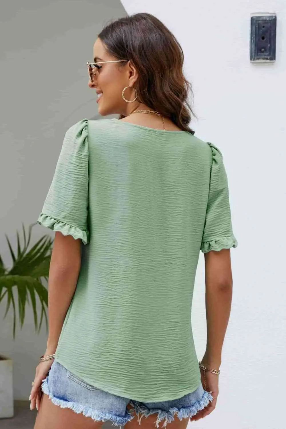 Frill Trim Puff Sleeve Square Neck Blouse Blouses - Tophatter Daily Deals