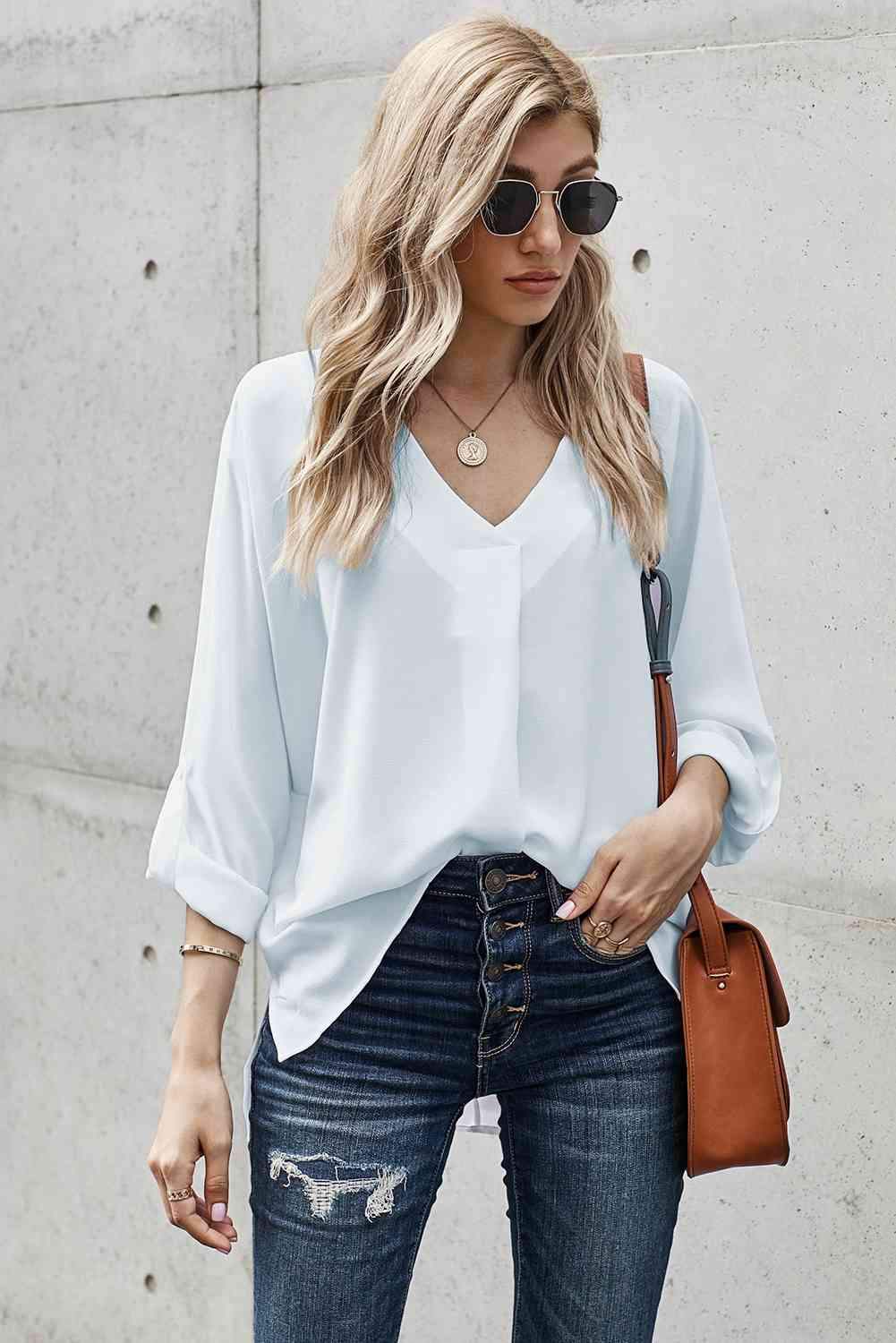 V-Neck Roll-Tab Sleeve Blouse White Blouses - Tophatter Daily Deals