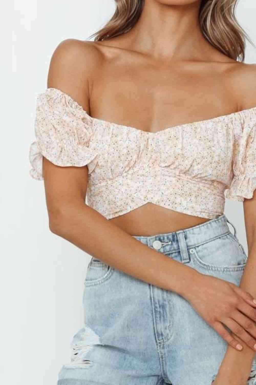 Flower Print Ruffle Trim Off-Shoulder Back Tie Blouse Blouses - Tophatter Daily Deals