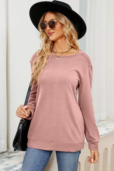 Ruched Round Neck Long Sleeve T-Shirt Blush Pink Women's T-Shirts - Tophatter Daily Deals