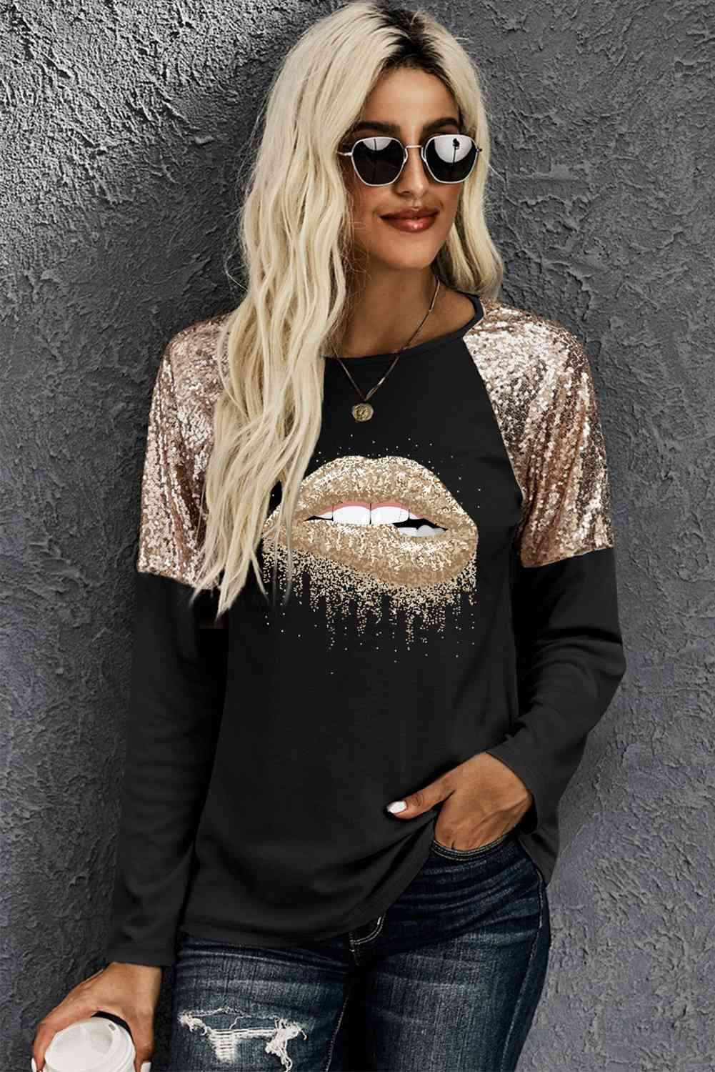 Lip Graphic Sequin Long Sleeve T-Shirt Women's T-Shirts - Tophatter Daily Deals