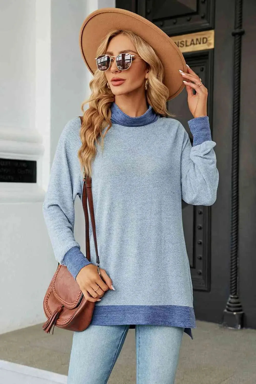 Turtle Neck Long Sleeve Slit Blouse Pastel Blue Blouses - Tophatter Daily Deals