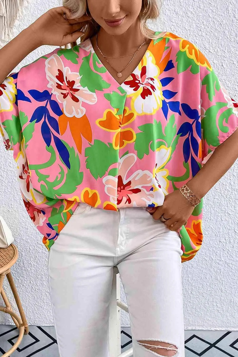 Floral Print V-Neck Short Raglan Sleeve Blouse Blouses - Tophatter Daily Deals