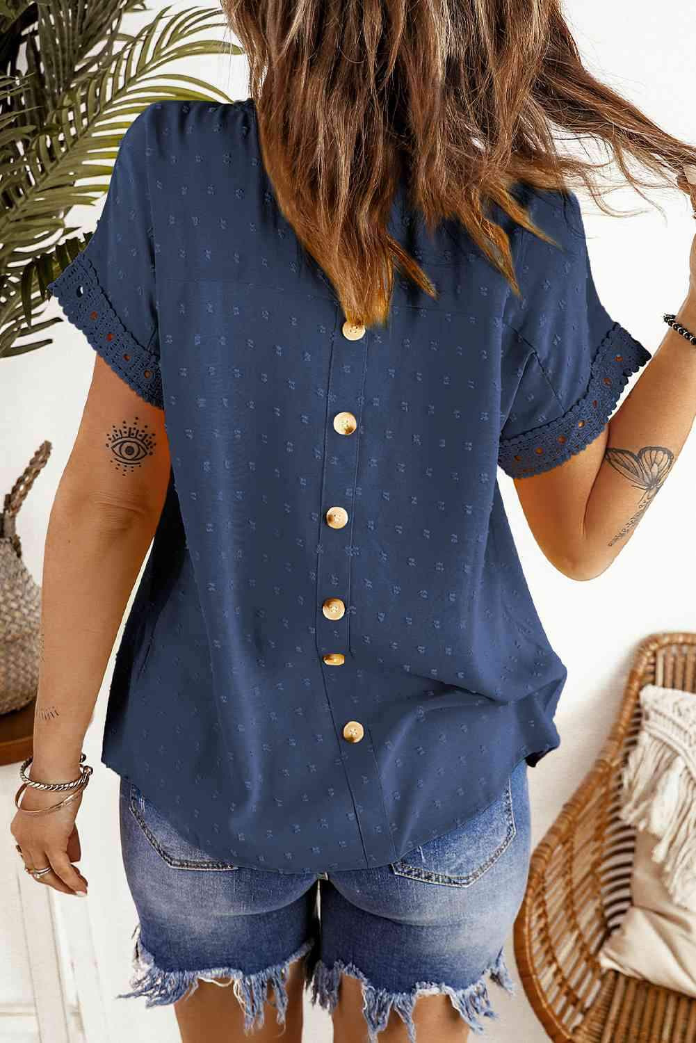 Swiss Dot Decorative Button Short Sleeve Blouse Blouses - Tophatter Daily Deals