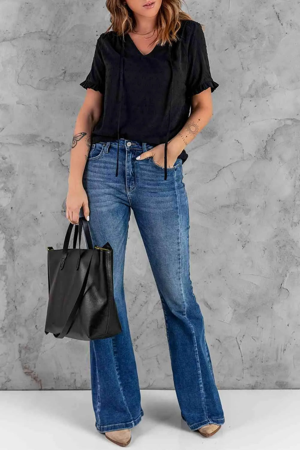 Swiss Dot Flounce Sleeve V-Neck Top Blouses - Tophatter Daily Deals
