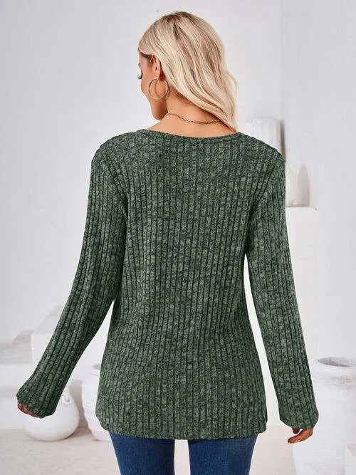 Ribbed Buttoned Round Neck Slit T-Shirt Women's T-Shirts - Tophatter Daily Deals