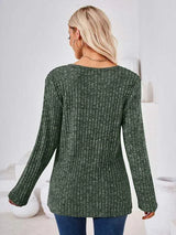 Ribbed Buttoned Round Neck Slit T-Shirt Women's T-Shirts - Tophatter Daily Deals