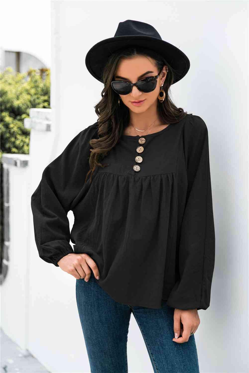 Button Up Balloon Sleeve Blouse Blouses - Tophatter Daily Deals