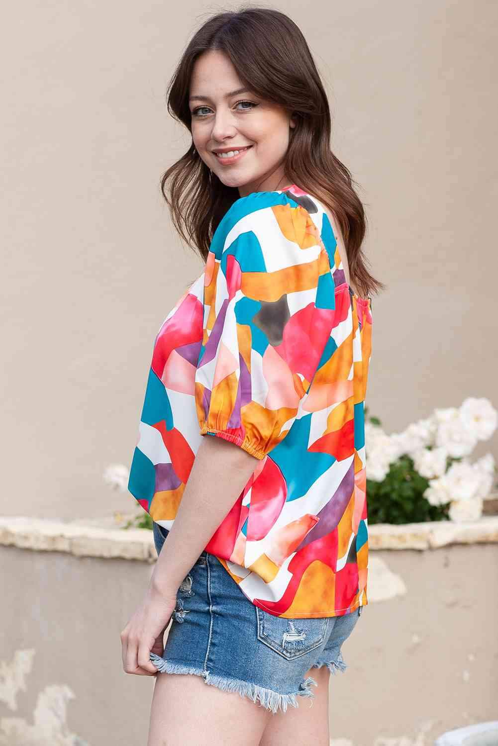 Printed Square Neck Half Sleeve Top Blouses - Tophatter Daily Deals