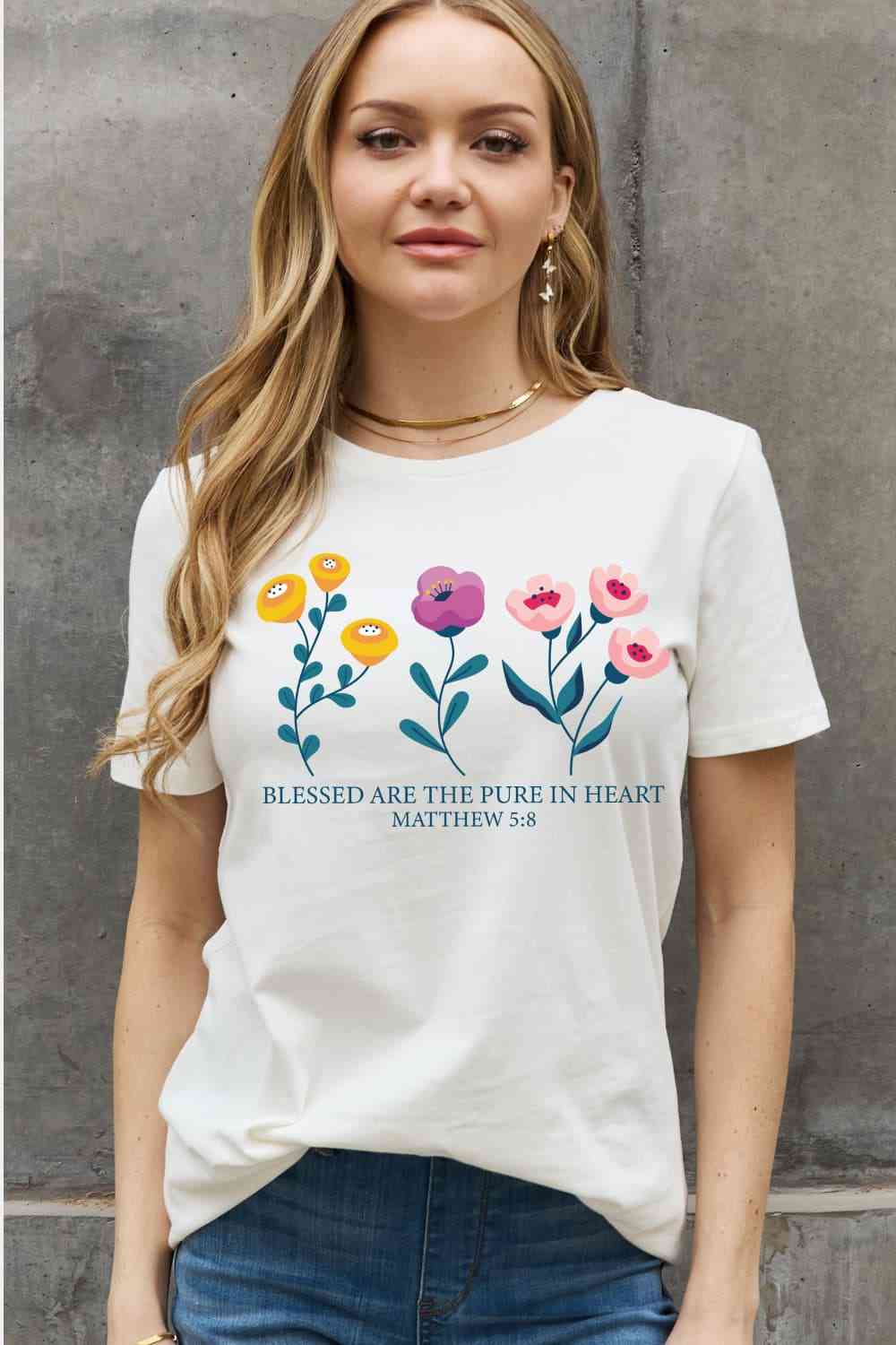 Simply Love Full Size BLESSED ARE THE PURE IN HEART Matthew 5:8 Graphic Cotton Tee Women's T-Shirts - Tophatter Daily Deals