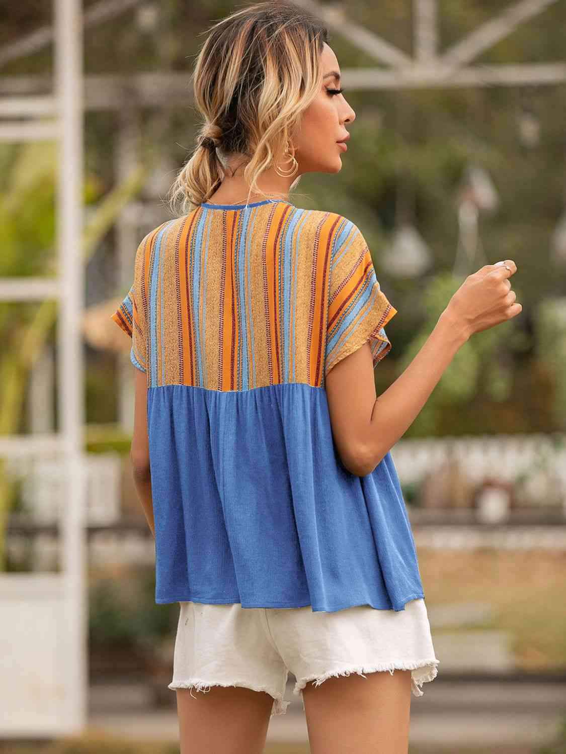 Striped Tie Neck Short Sleeve Blouse Blouses - Tophatter Daily Deals