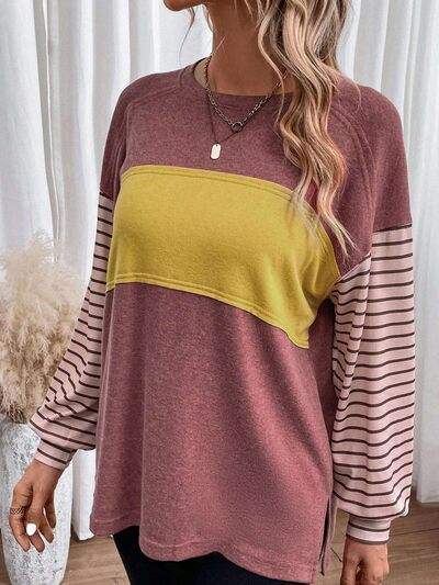 Round Neck Striped Long Sleeve Slit T-Shirt Women's T-Shirts - Tophatter Daily Deals