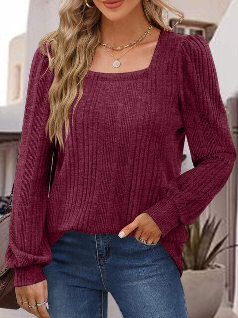 Square Neck Long Sleeve Top Wine Blouses - Tophatter Daily Deals