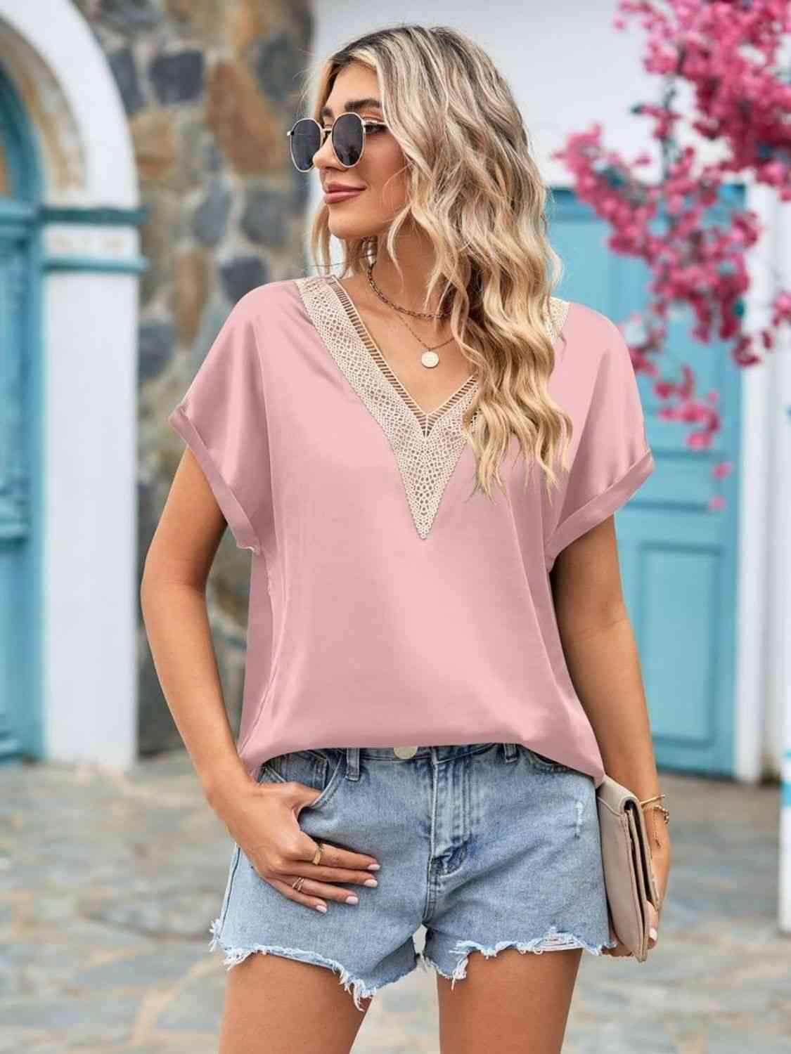 V-Neck Cuffed Blouse Blouses - Tophatter Daily Deals