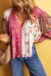 Multicolor Floral Notched Neck Lantern Sleeve Blouse Blouses - Tophatter Daily Deals