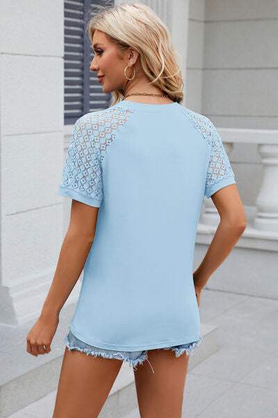 Openwork Round Neck Short Sleeve T-Shirt Women's T-Shirts - Tophatter Daily Deals