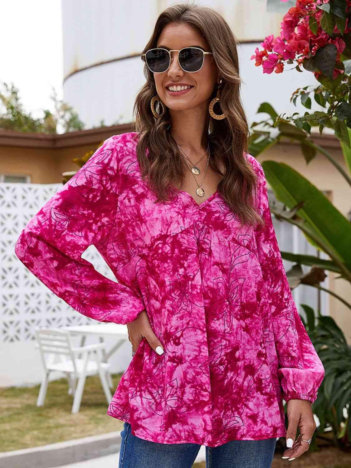 V-Neck balloon Sleeve Floral Blouse Blouses - Tophatter Daily Deals