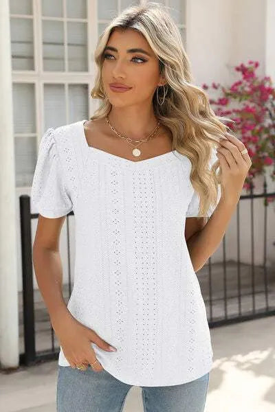 Eyelet Puff Sleeve T-Shirt Women's T-Shirts - Tophatter Daily Deals