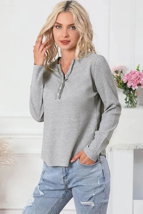 Waffle Knit Buttoned Notched Neck Long Sleeve T-Shirt Women's T-Shirts - Tophatter Daily Deals