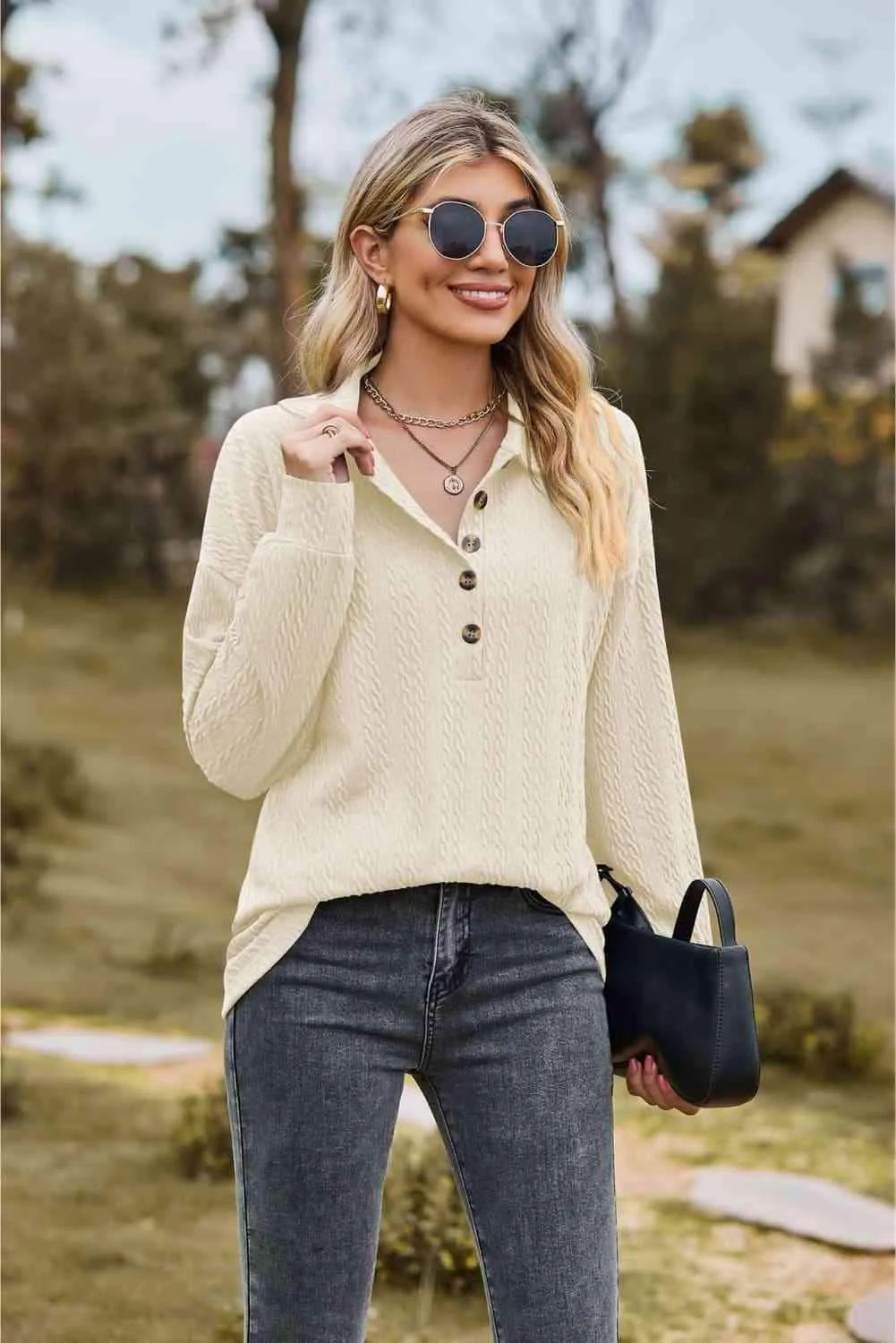 Collared Neck Long Sleeve Blouse Blouses - Tophatter Daily Deals