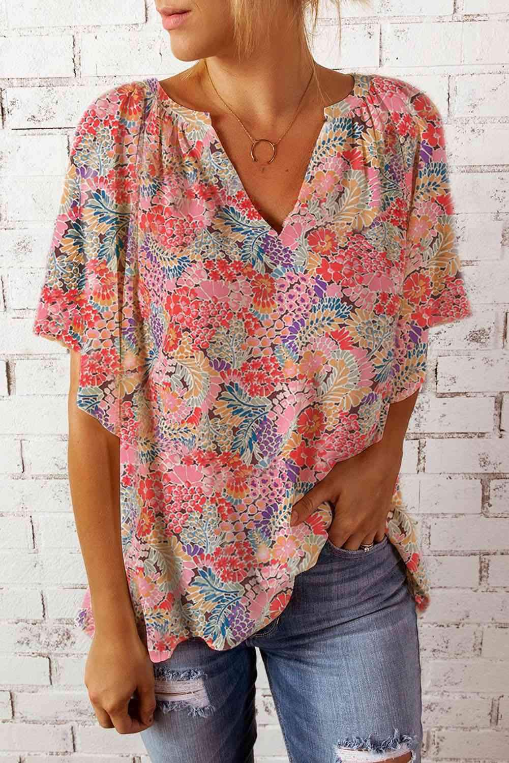 Floral Notched Neck Flutter Sleeve Blouse Floral Blouses - Tophatter Daily Deals