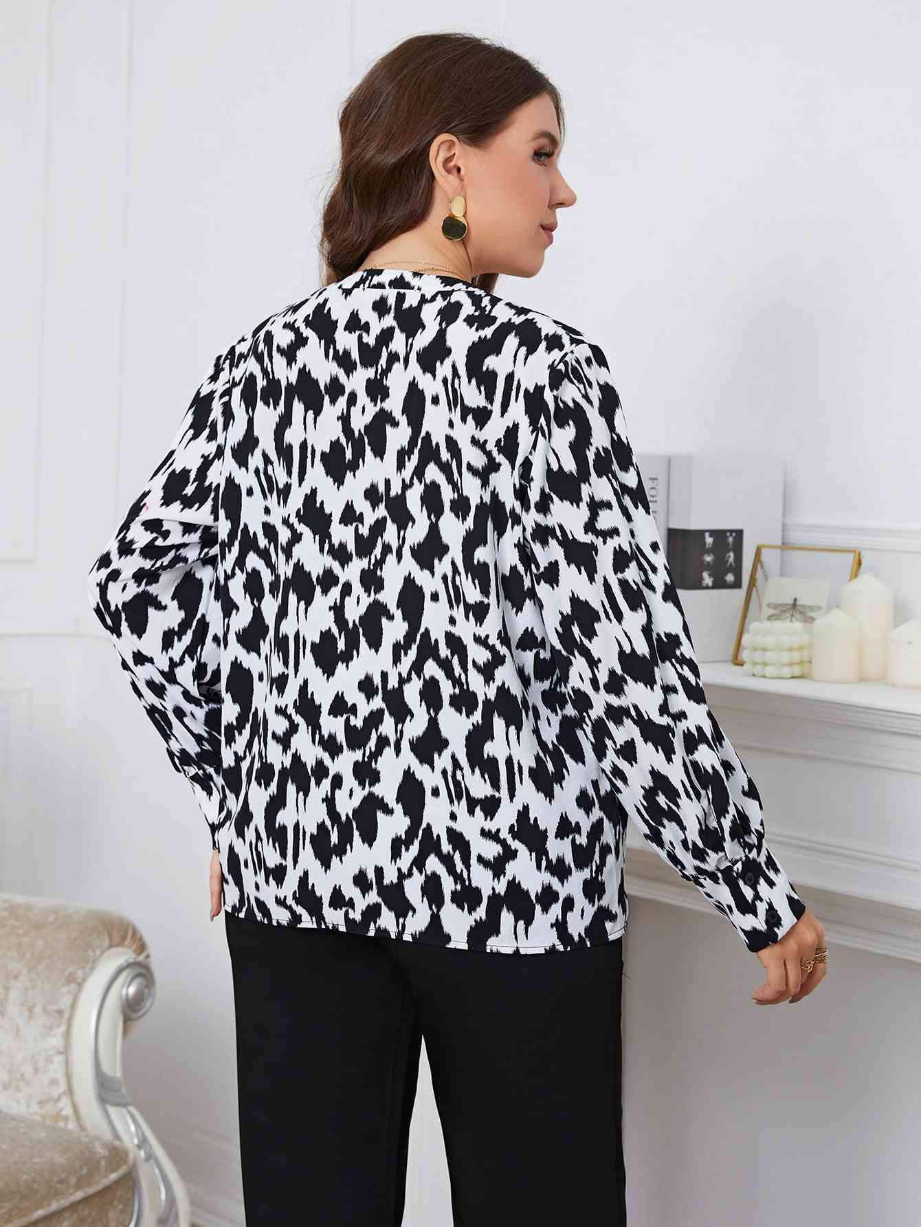 Melo Apparel Plus Size Printed Long Sleeve V-Neck Blouse Blouses - Tophatter Daily Deals