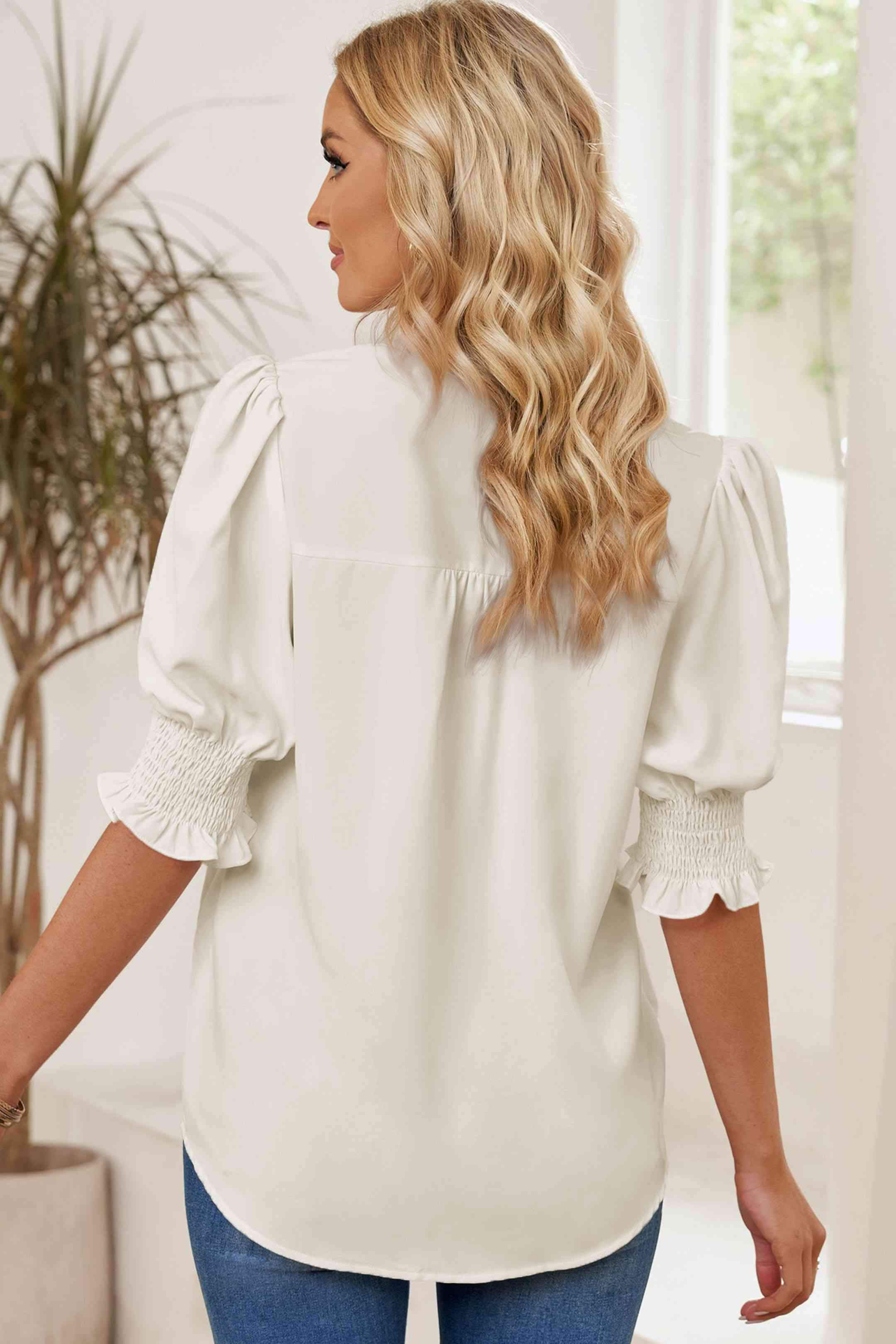 Smocked Flounce Sleeve Notched Neck Blouse Blouses - Tophatter Daily Deals