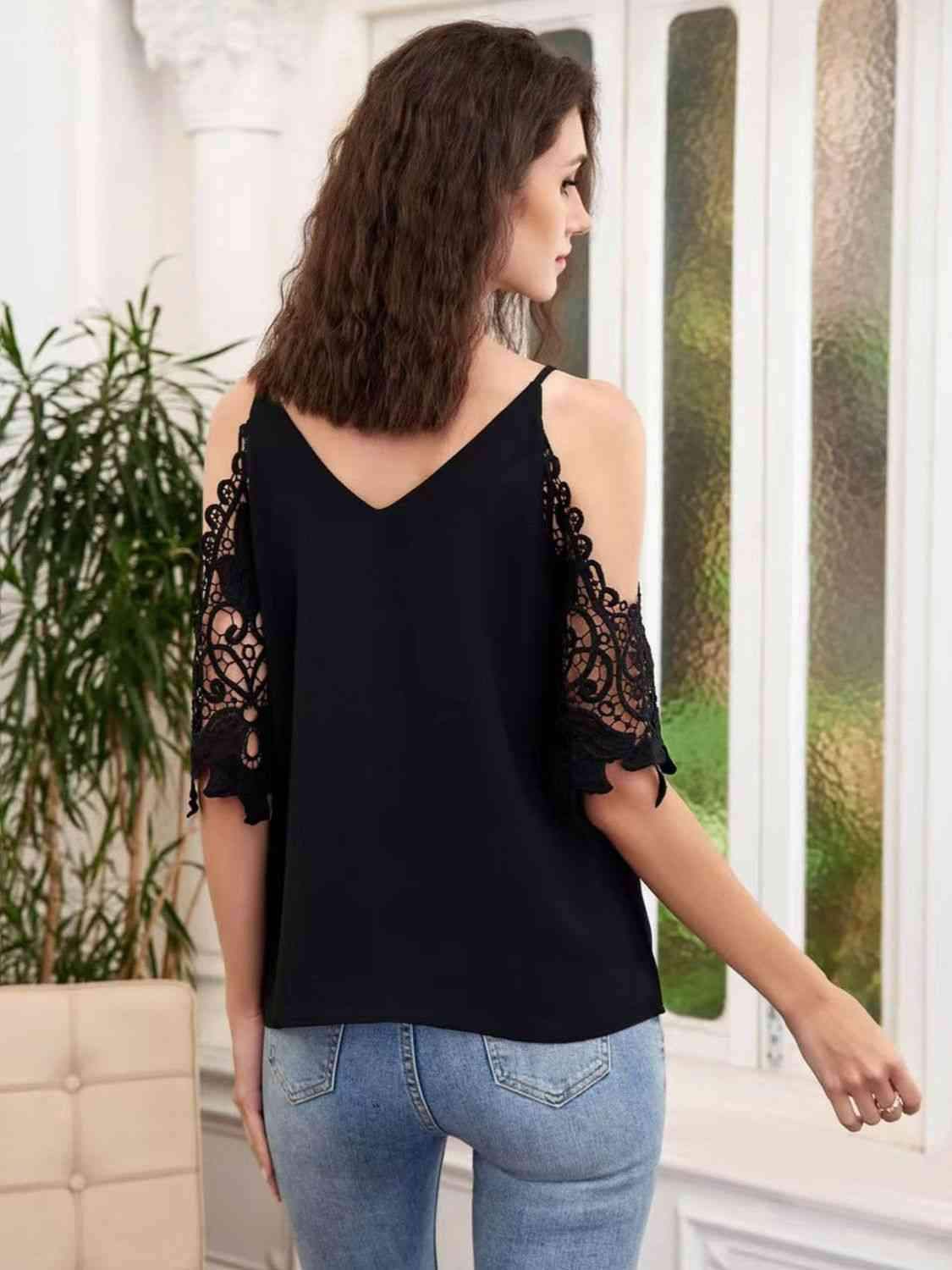 Cold-Shoulder V-Neck Spliced Lace Blouse Blouses - Tophatter Daily Deals