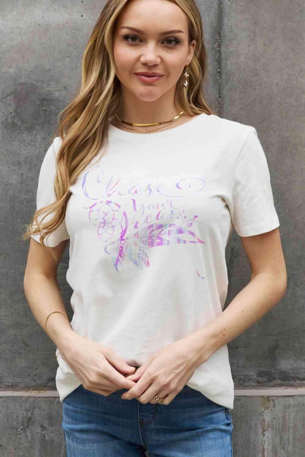 Simply Love Full Size CHASE YOUR DREAMS Graphic Cotton Tee Women's T-Shirts - Tophatter Daily Deals